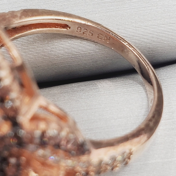Champagne & Chocolate Mocha Diamond Simulants Rose Gold / 925 Silver Ring - Picture 6 of 8